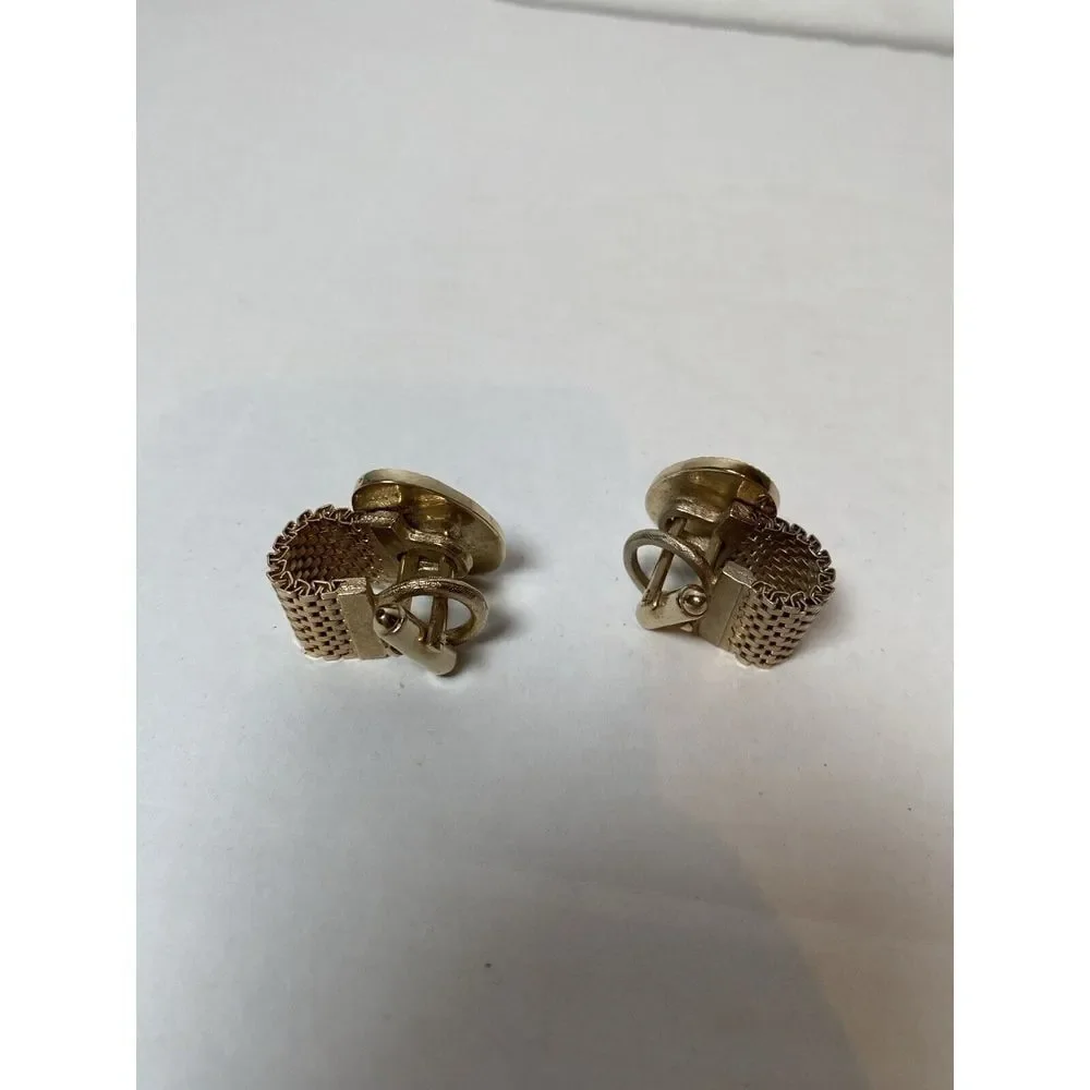 Vintage Gold Tone Mesh Link Cufflinks with Green‎ Stone